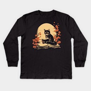 Floral Black Cat And Book Catshirt Kids Long Sleeve T-Shirt